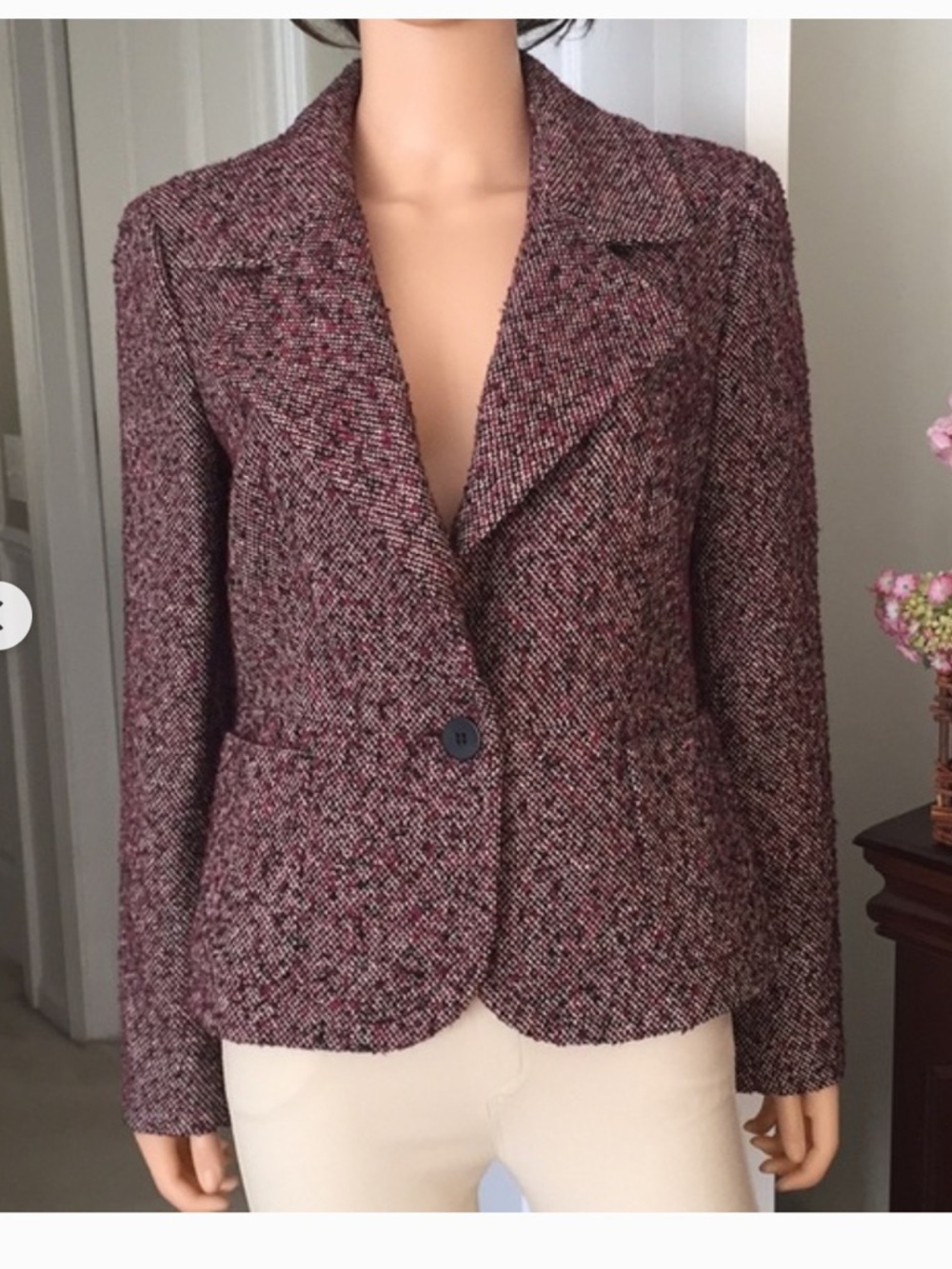 Talbots purple Red and Black tweed Textured one button Blazer